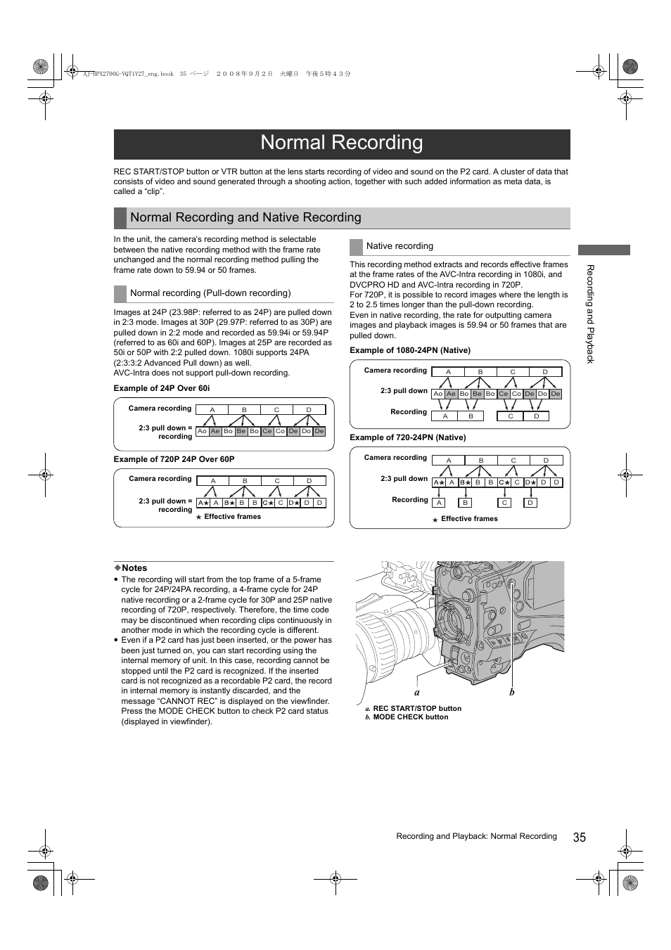 Normal recording, Normal recording and native recording | Panasonic AJ-P2C002SG User Manual | Page 35 / 206