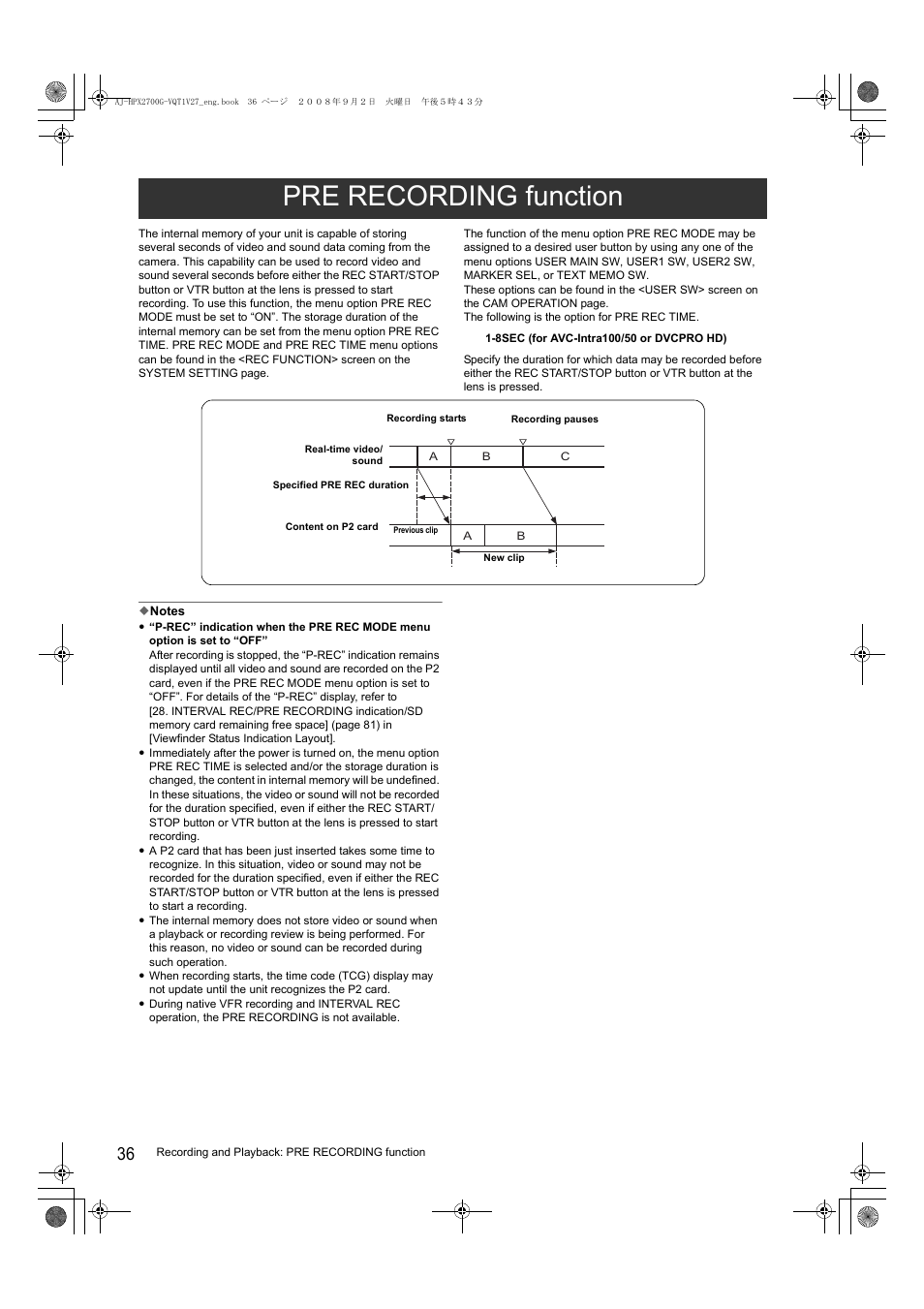 Pre recording function | Panasonic AJ-P2C002SG User Manual | Page 36 / 206