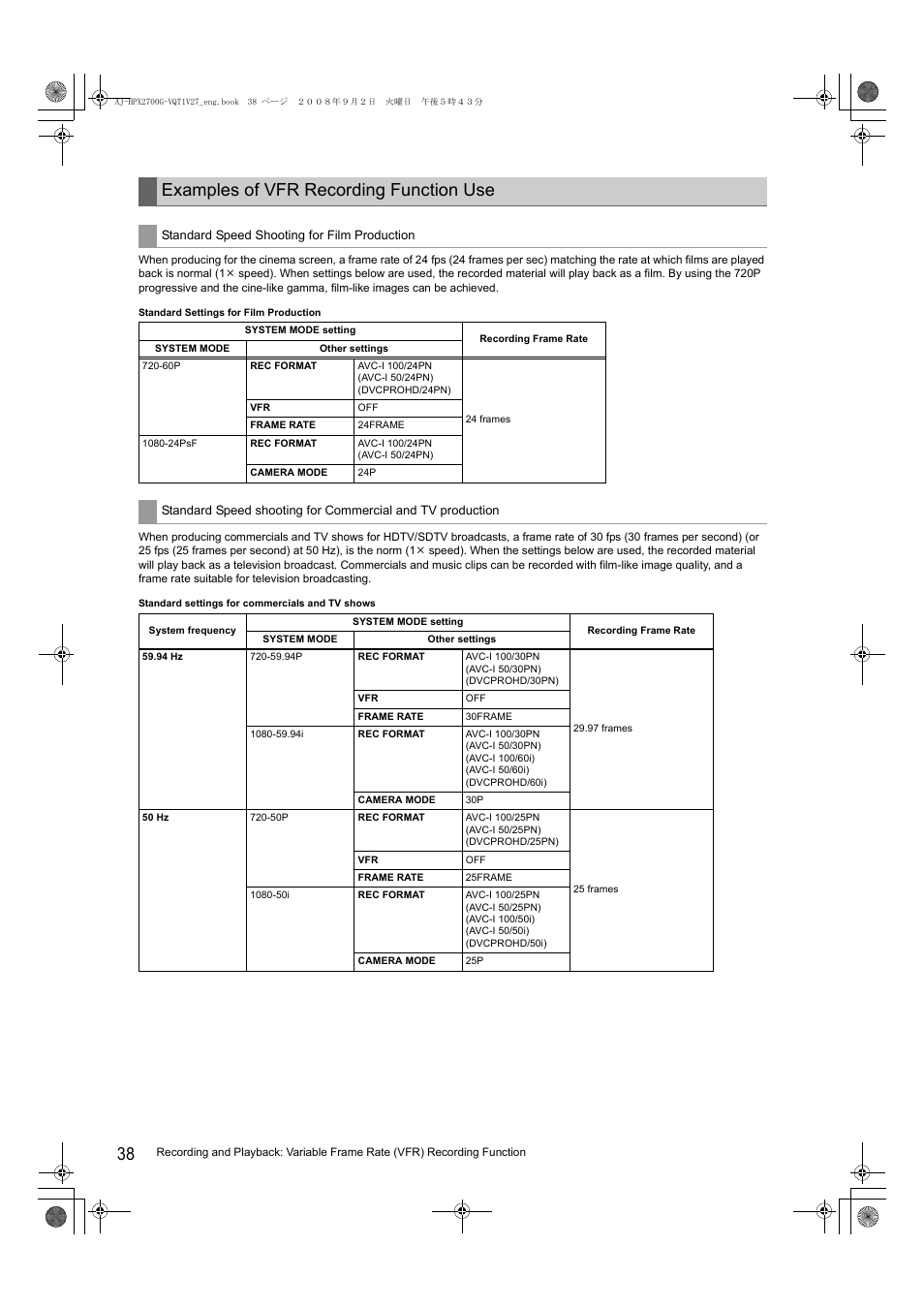 Examples of vfr recording function use | Panasonic AJ-P2C002SG User Manual | Page 38 / 206