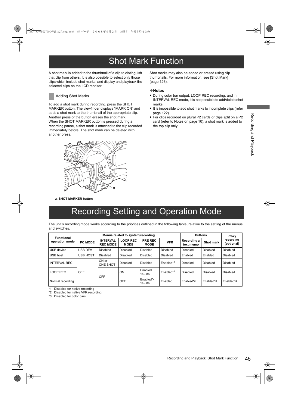 Shot mark function, Recording setting and operation mode | Panasonic AJ-P2C002SG User Manual | Page 45 / 206