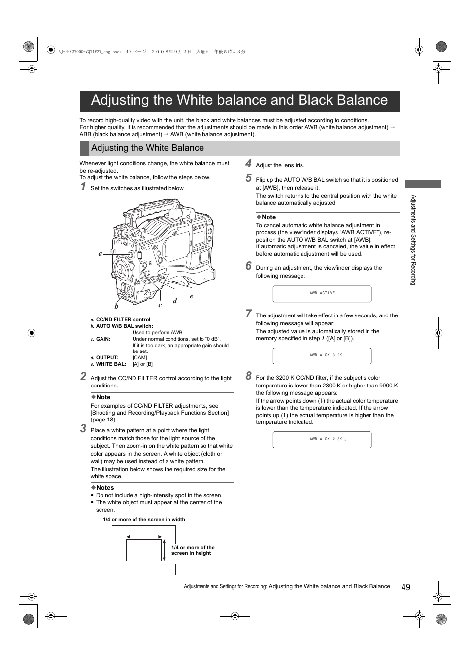 Adjusting the white balance and black balance, Adjusting the white balance | Panasonic AJ-P2C002SG User Manual | Page 49 / 206