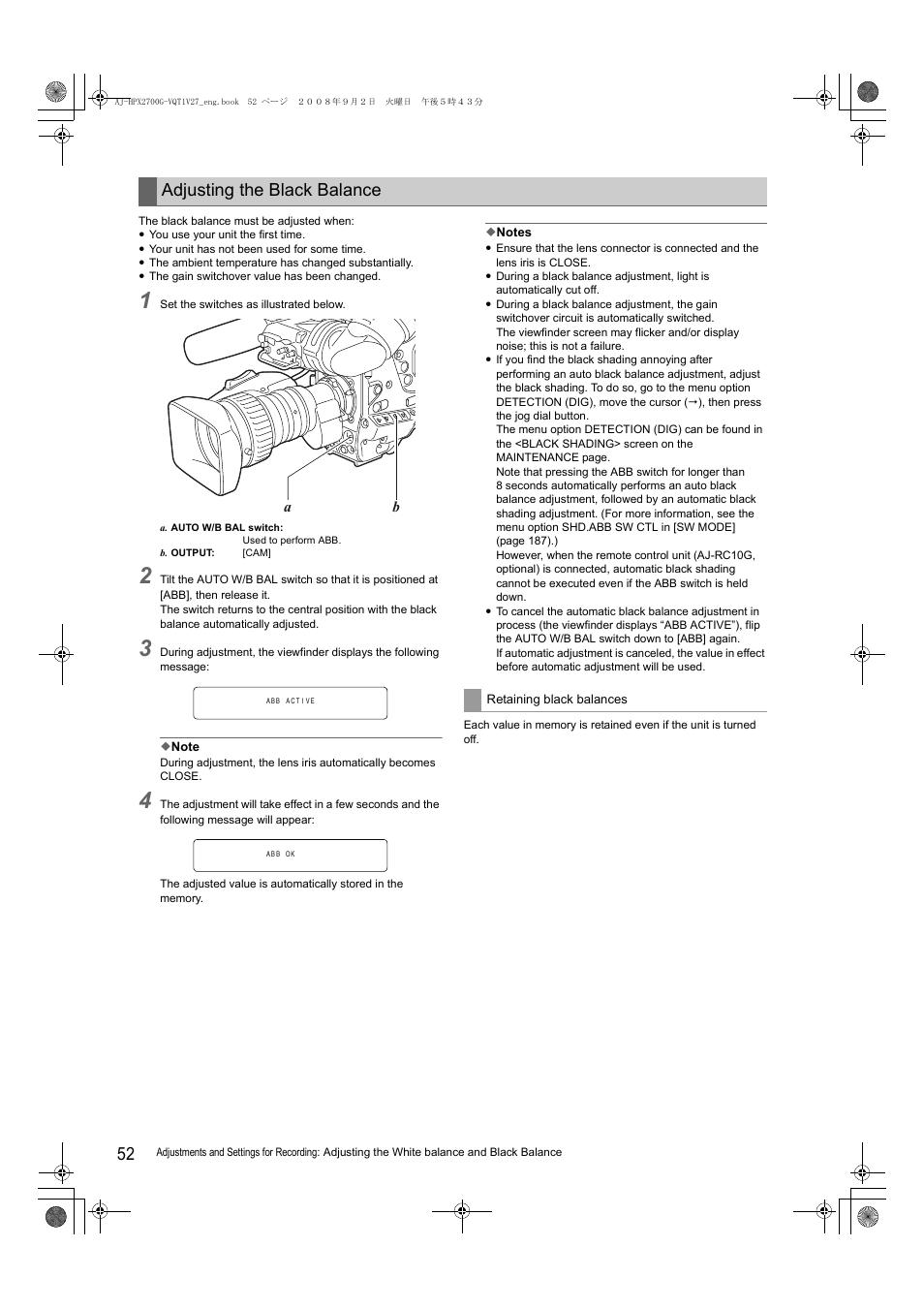 Adjusting the black balance | Panasonic AJ-P2C002SG User Manual | Page 52 / 206