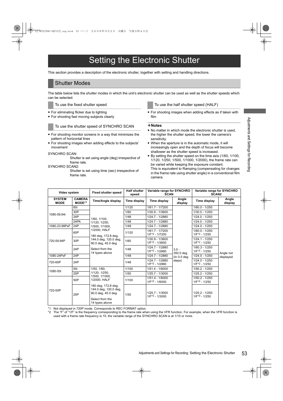 Setting the electronic shutter, Shutter modes | Panasonic AJ-P2C002SG User Manual | Page 53 / 206