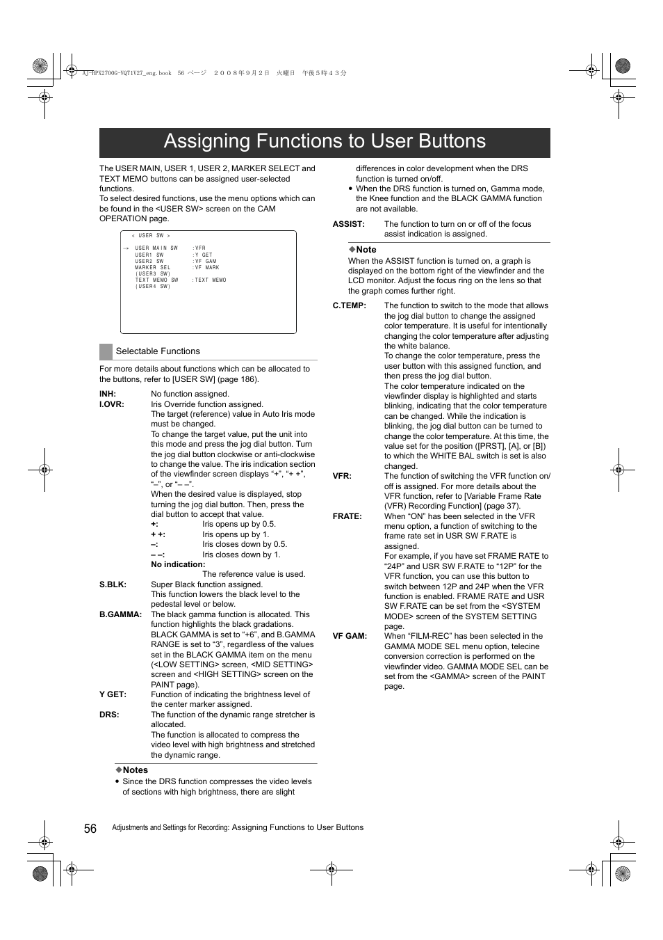 Assigning functions to user buttons | Panasonic AJ-P2C002SG User Manual | Page 56 / 206