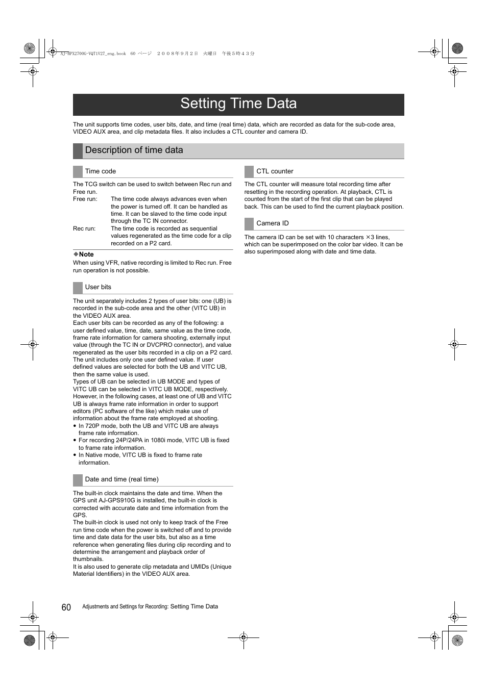 Setting time data, Description of time data | Panasonic AJ-P2C002SG User Manual | Page 60 / 206