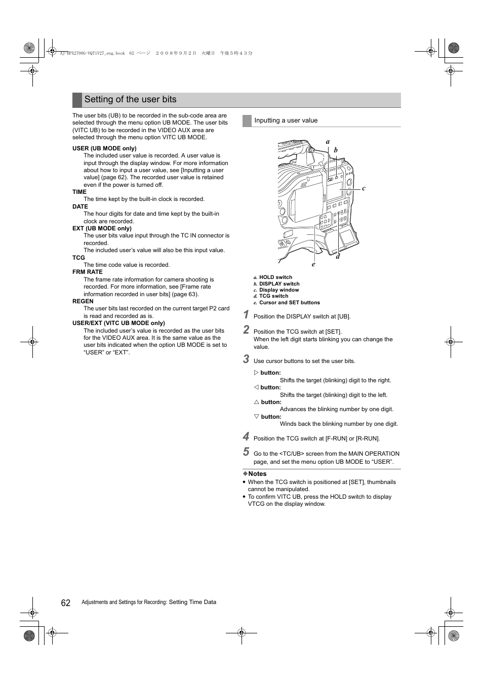 Setting of the user bits | Panasonic AJ-P2C002SG User Manual | Page 62 / 206