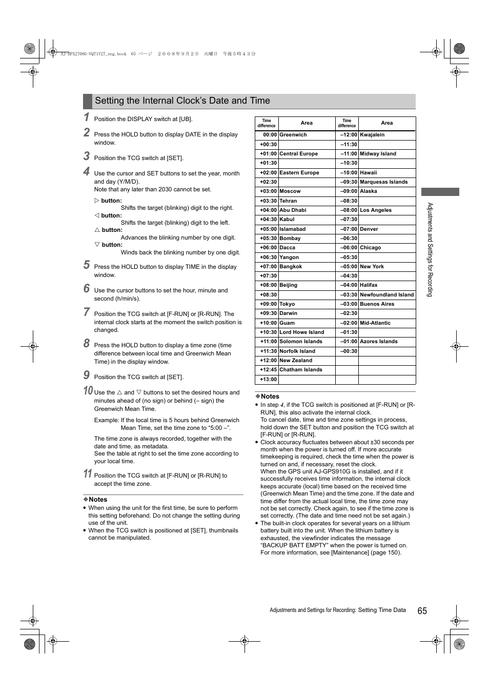 Setting the internal clock’s date and time | Panasonic AJ-P2C002SG User Manual | Page 65 / 206