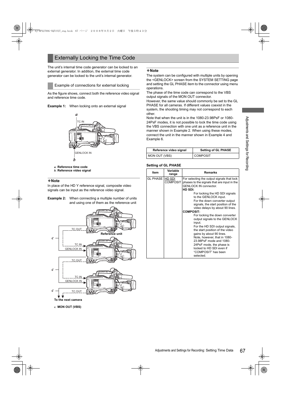 Externally locking the time code | Panasonic AJ-P2C002SG User Manual | Page 67 / 206