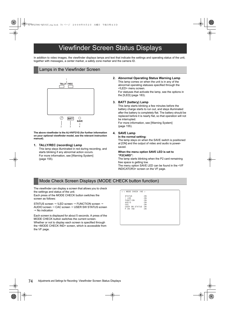 Viewfinder screen status displays, Lamps in the viewfinder screen | Panasonic AJ-P2C002SG User Manual | Page 74 / 206