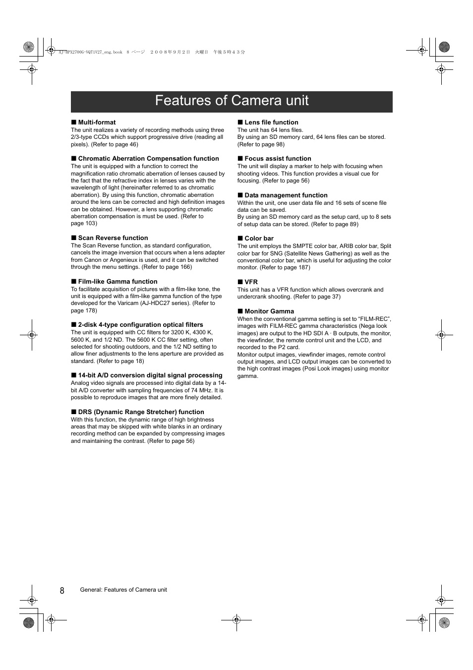 Features of camera unit | Panasonic AJ-P2C002SG User Manual | Page 8 / 206