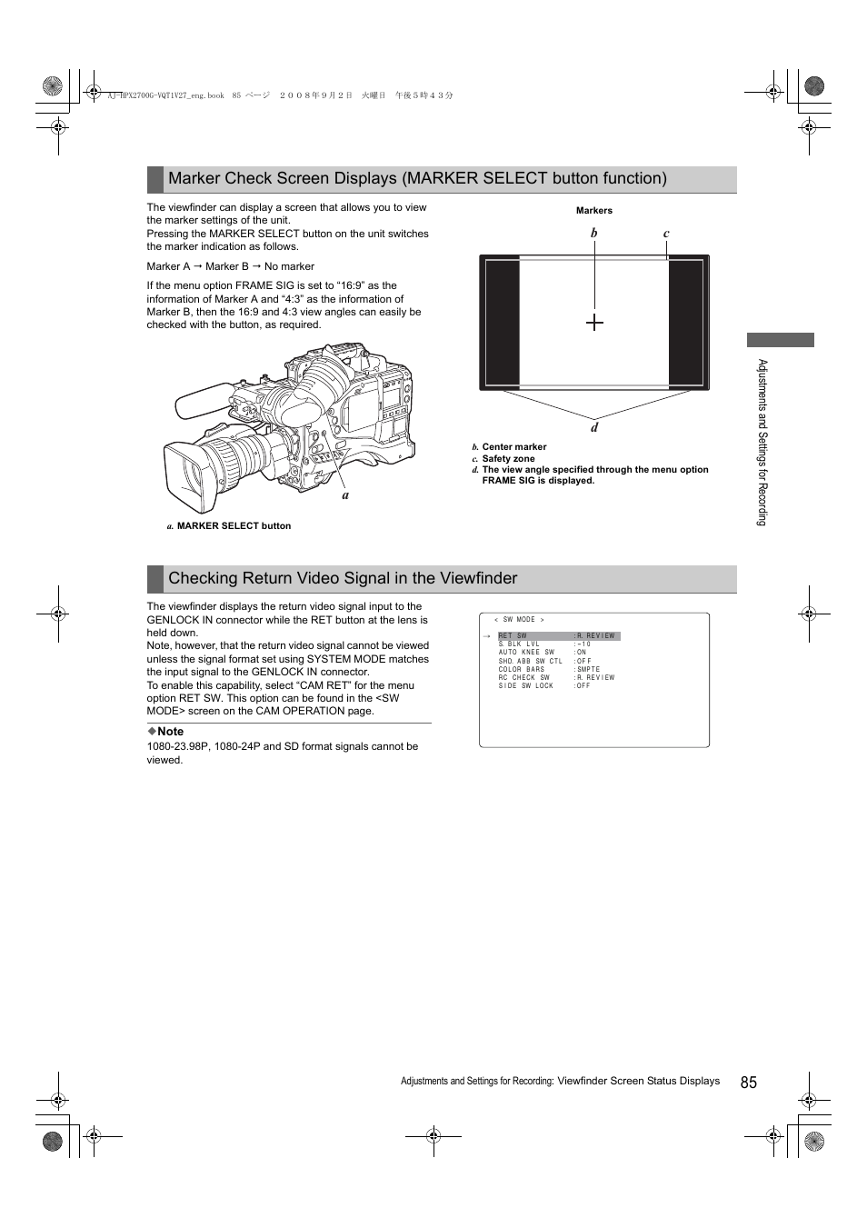 Checking return video signal in the viewfinder, Ab c d | Panasonic AJ-P2C002SG User Manual | Page 85 / 206