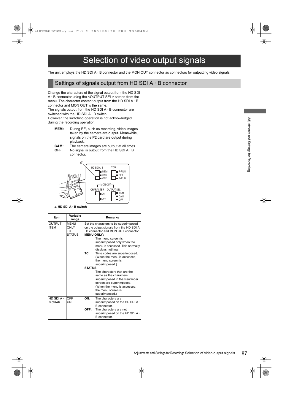 Selection of video output signals | Panasonic AJ-P2C002SG User Manual | Page 87 / 206