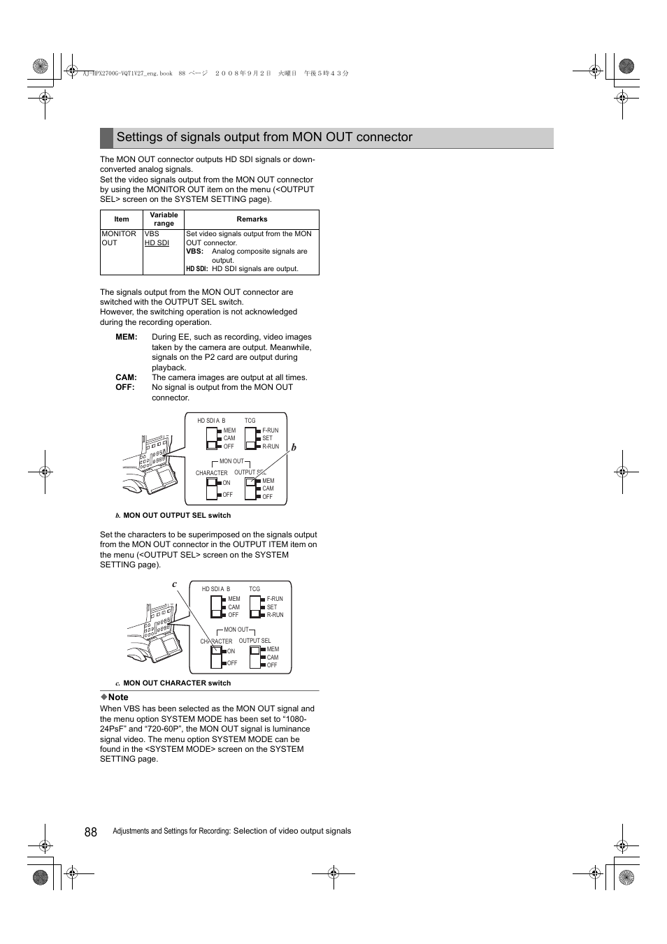 Settings of signals output from mon out connector | Panasonic AJ-P2C002SG User Manual | Page 88 / 206