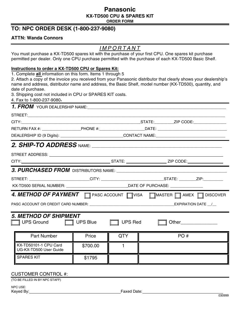 Panasonic, Ship-to address, From | Purchased from, Method of payment, Method of shipment | Panasonic KX-TD500 User Manual | Page 16 / 17