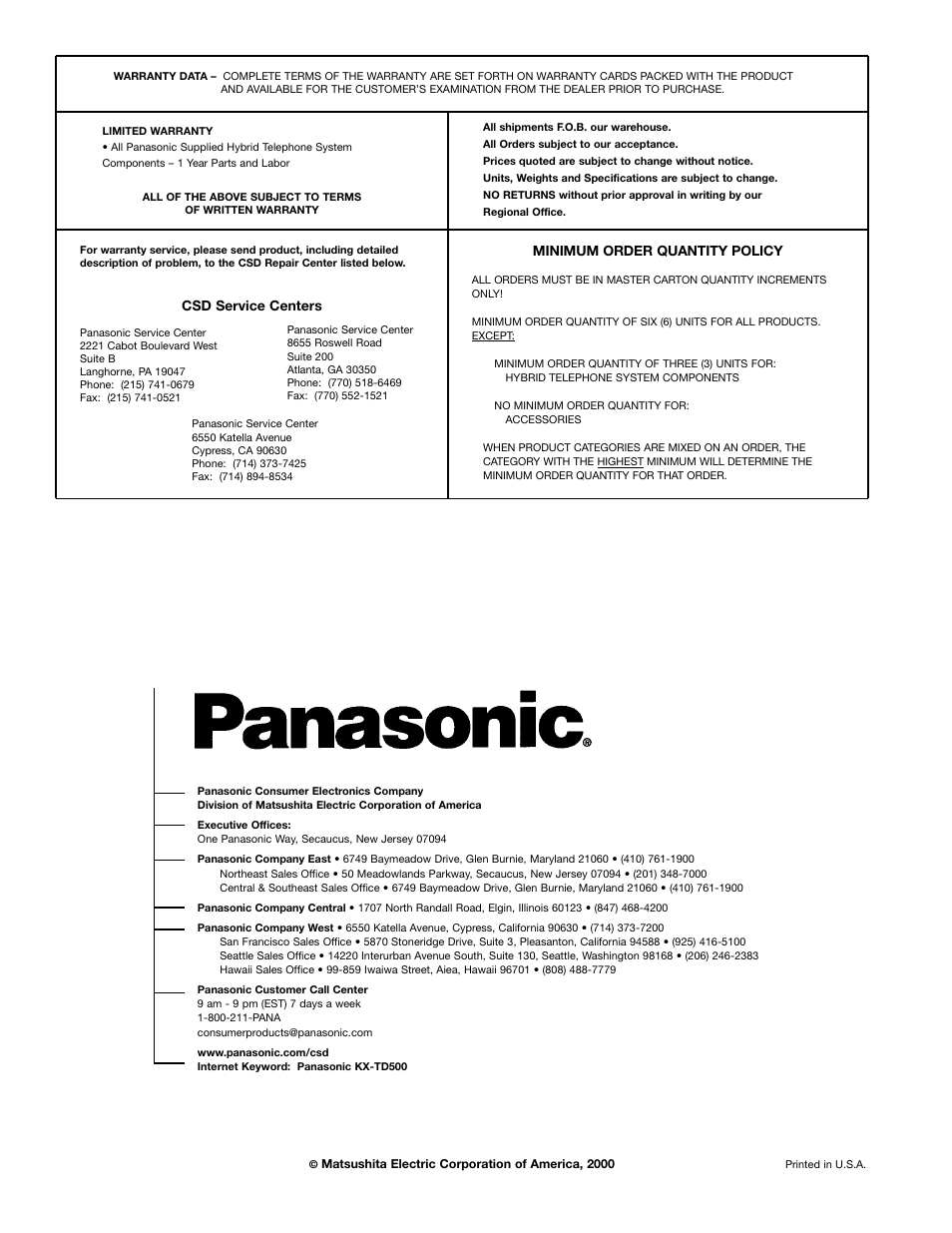 Minimum order quantity policy, Csd service centers | Panasonic KX-TD500 User Manual | Page 17 / 17