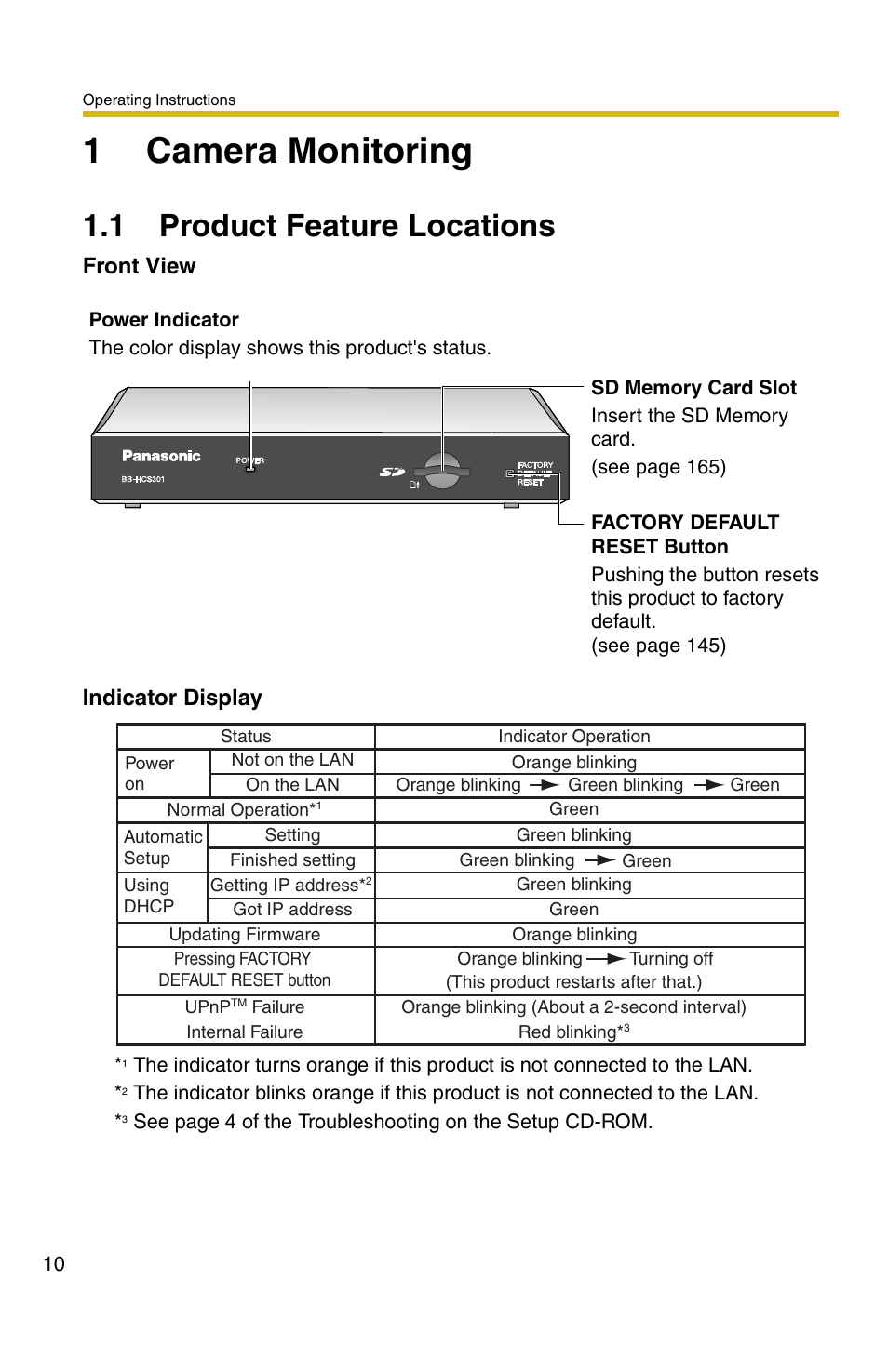 1 camera monitoring, 1 product feature locations, 1camera monitoring | Panasonic BB-HCS301A User Manual | Page 10 / 172