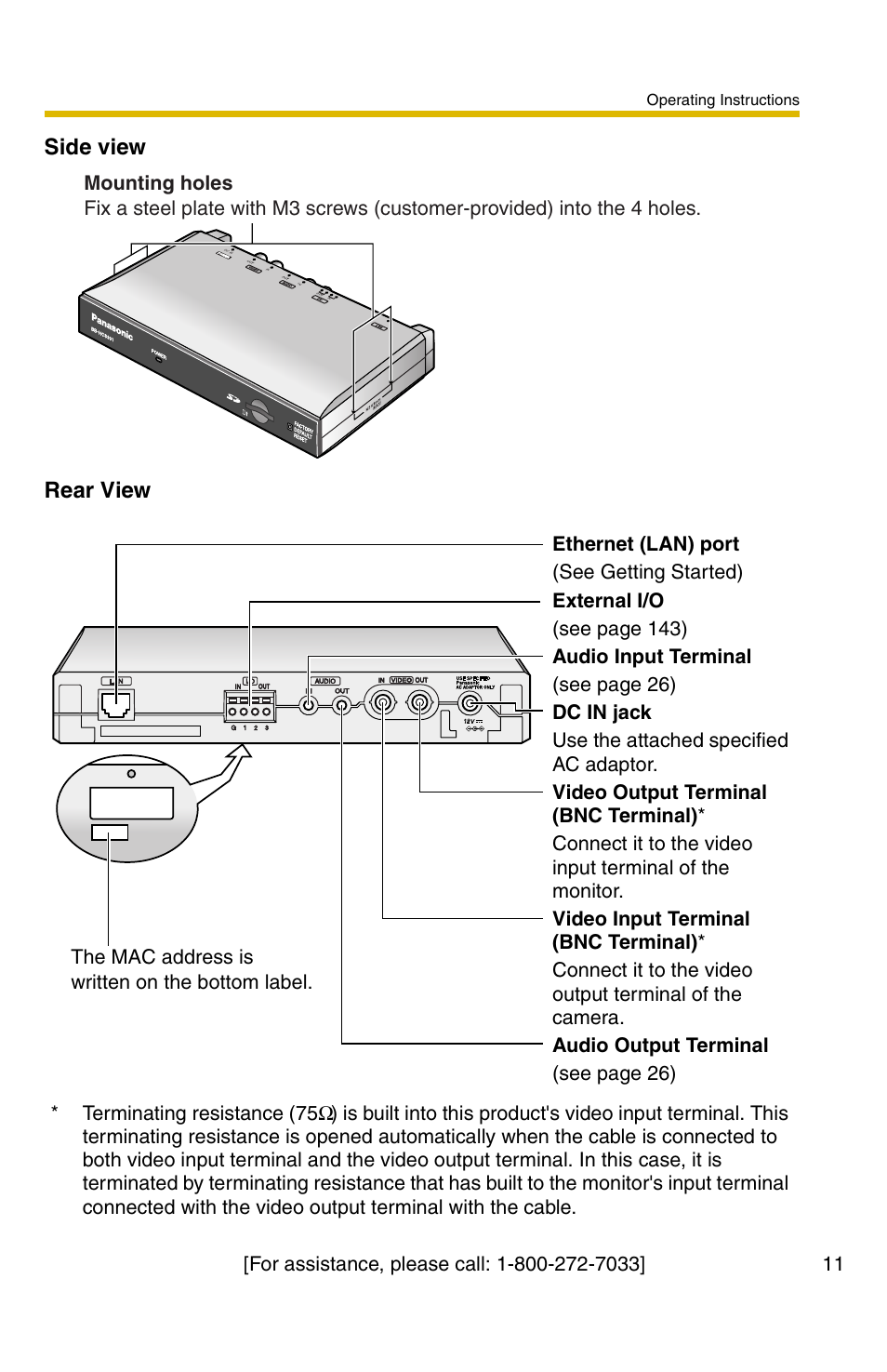 Side view rear view, The mac address is written on the bottom label, Operating instructions | Panasonic BB-HCS301A User Manual | Page 11 / 172