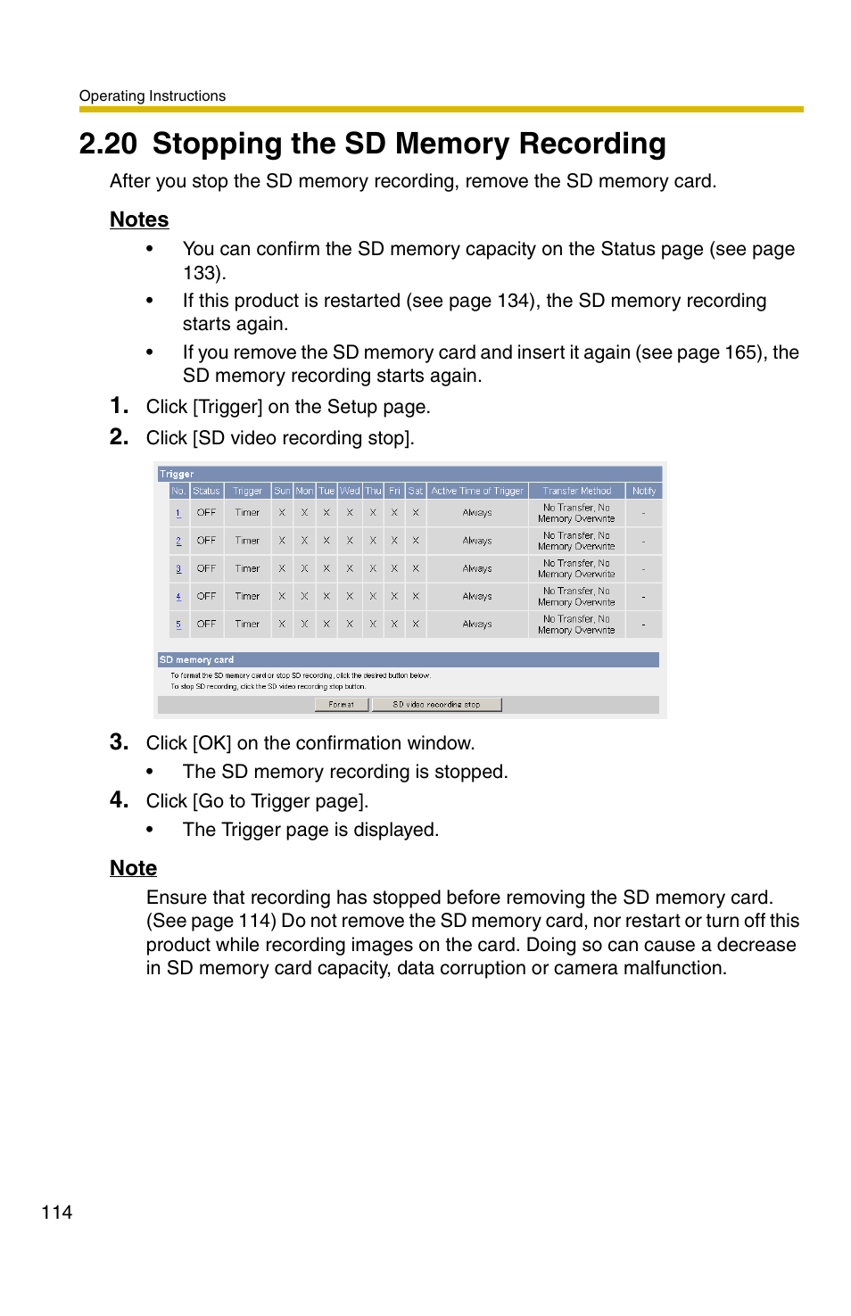 20 stopping the sd memory recording | Panasonic BB-HCS301A User Manual | Page 114 / 172
