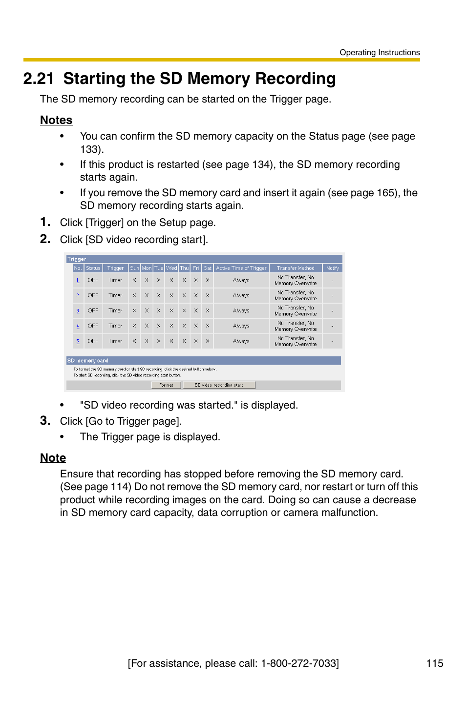 21 starting the sd memory recording | Panasonic BB-HCS301A User Manual | Page 115 / 172