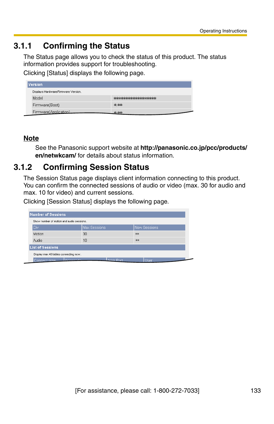 E 133, 1 confirming the status, 2 confirming session status | Panasonic BB-HCS301A User Manual | Page 133 / 172