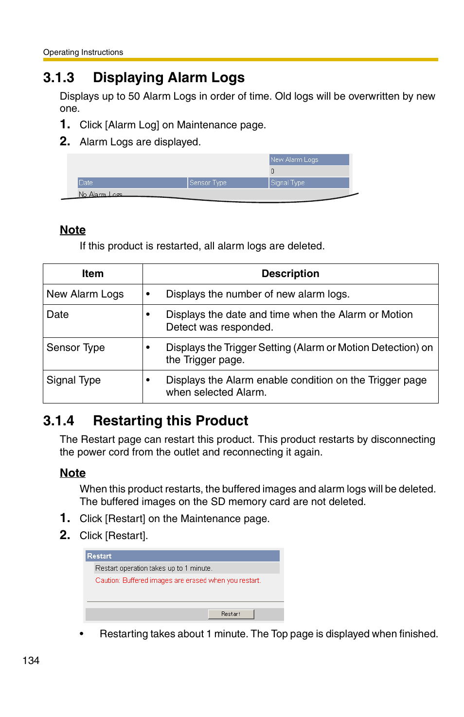 E 134, 3 displaying alarm logs, 4 restarting this product | Panasonic BB-HCS301A User Manual | Page 134 / 172