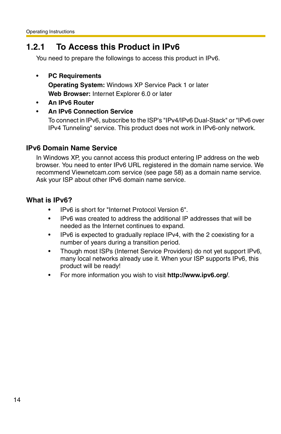 E 14 an, 1 to access this product in ipv6 | Panasonic BB-HCS301A User Manual | Page 14 / 172