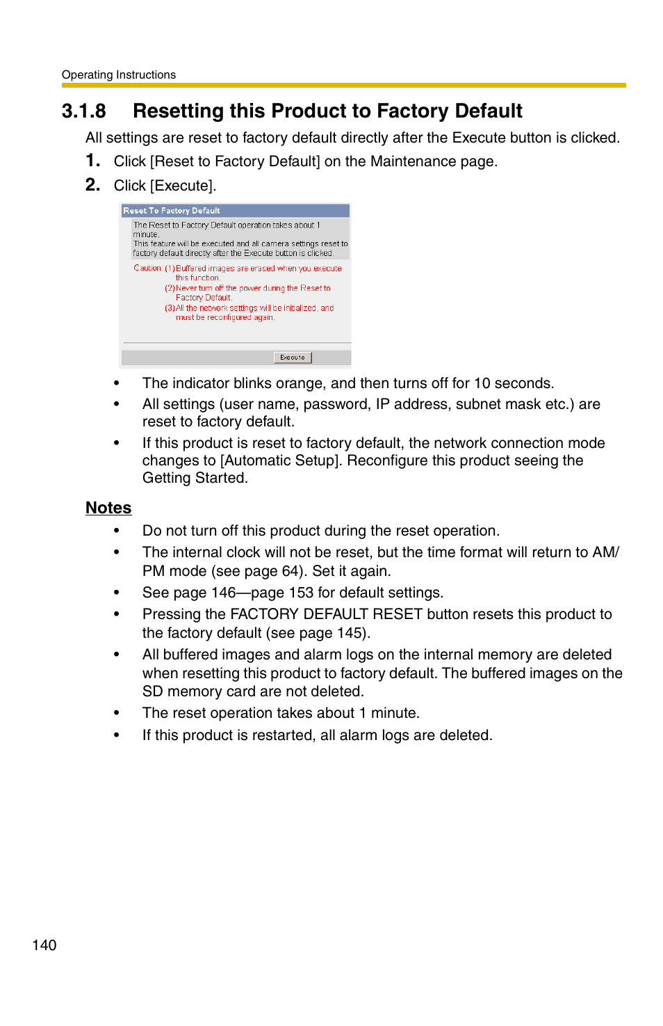 8 resetting this product to factory default | Panasonic BB-HCS301A User Manual | Page 140 / 172