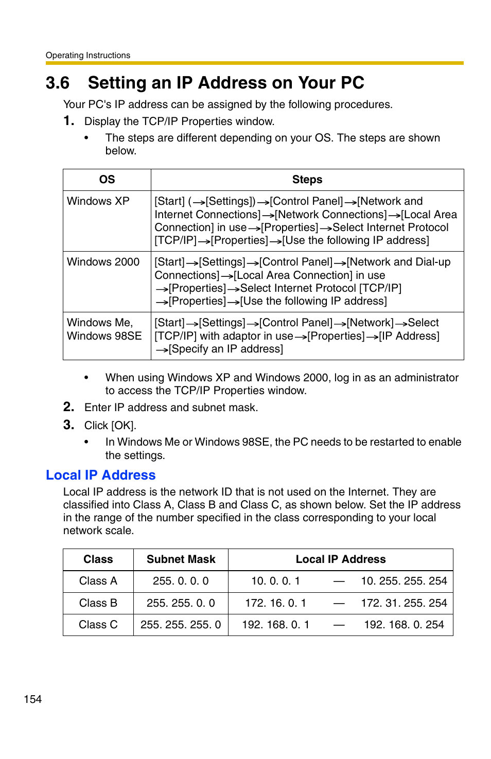 6 setting an ip address on your pc, Local ip address | Panasonic BB-HCS301A User Manual | Page 154 / 172