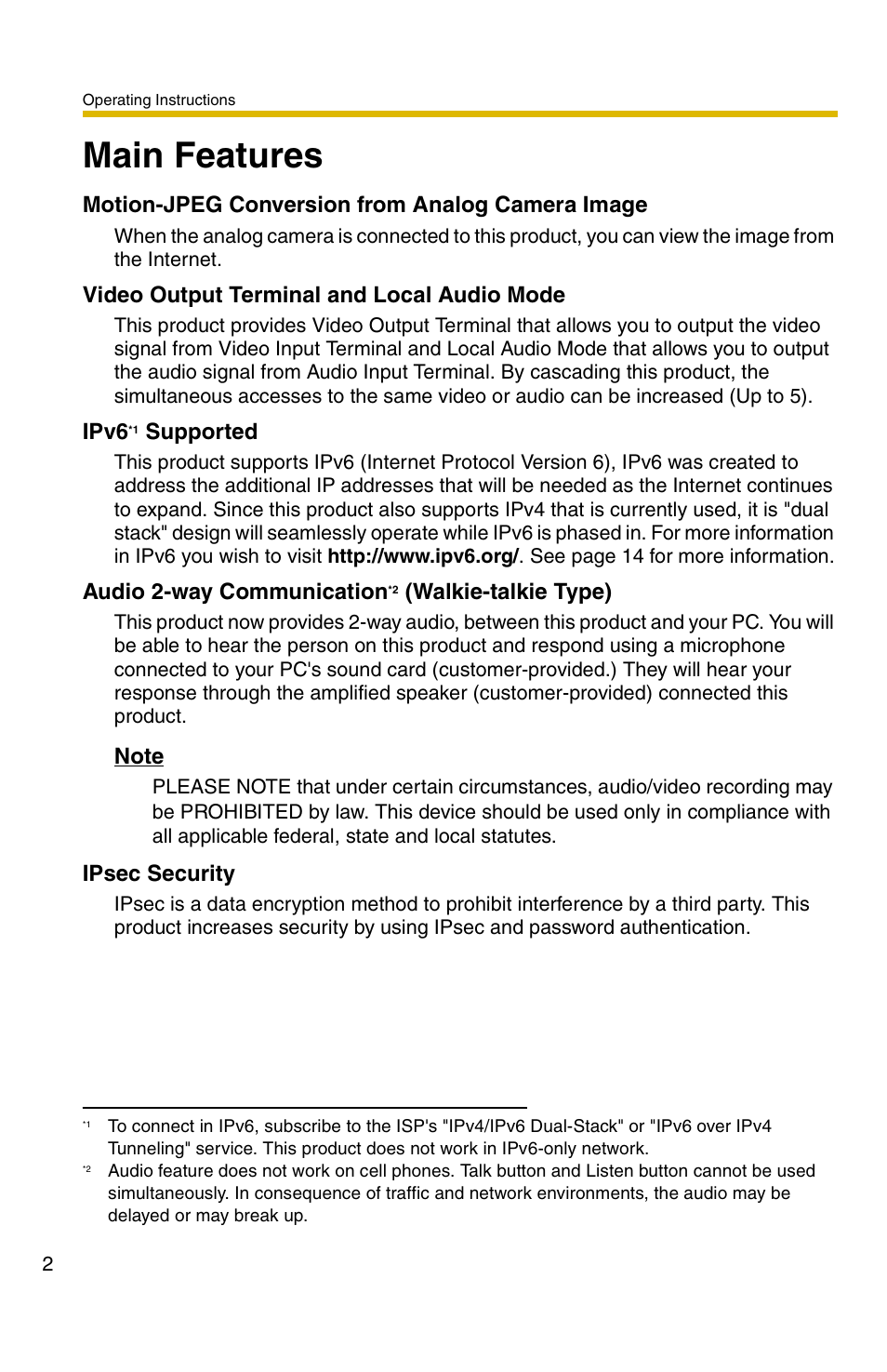 Main features | Panasonic BB-HCS301A User Manual | Page 2 / 172