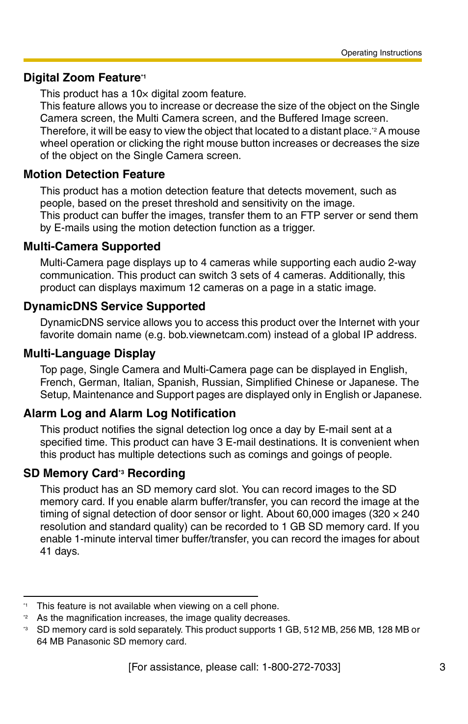 Digital zoom feature, Motion detection feature, Multi-camera supported | Dynamicdns service supported, Multi-language display, Alarm log and alarm log notification, Recording | Panasonic BB-HCS301A User Manual | Page 3 / 172