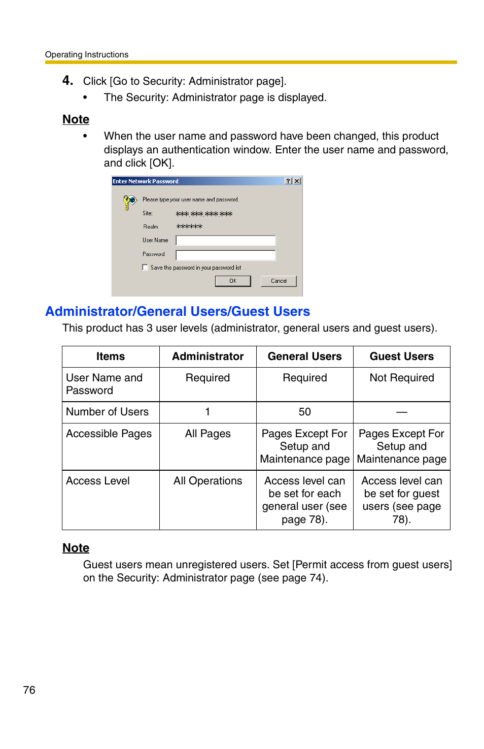 Administrator/general users/guest users | Panasonic BB-HCS301A User Manual | Page 76 / 172