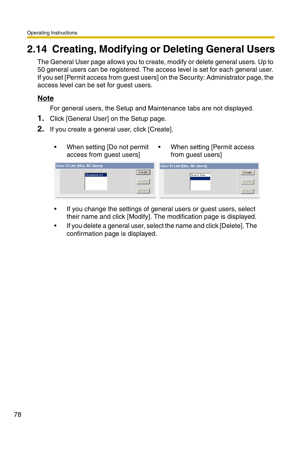 14 creating, modifying or deleting general users | Panasonic BB-HCS301A User Manual | Page 78 / 172