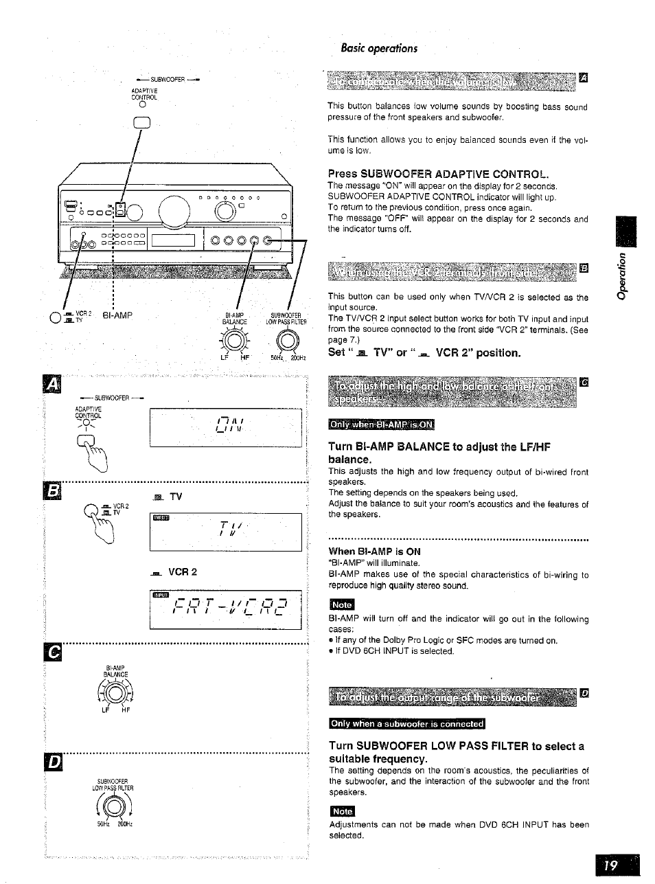 Press subwoofer adaptive control, Ilei, Set ” m. tv” or “ vcr 2” position | Turn bi-amp balance to adjust the lf/hf balance | Panasonic SA-AX6 User Manual | Page 19 / 36