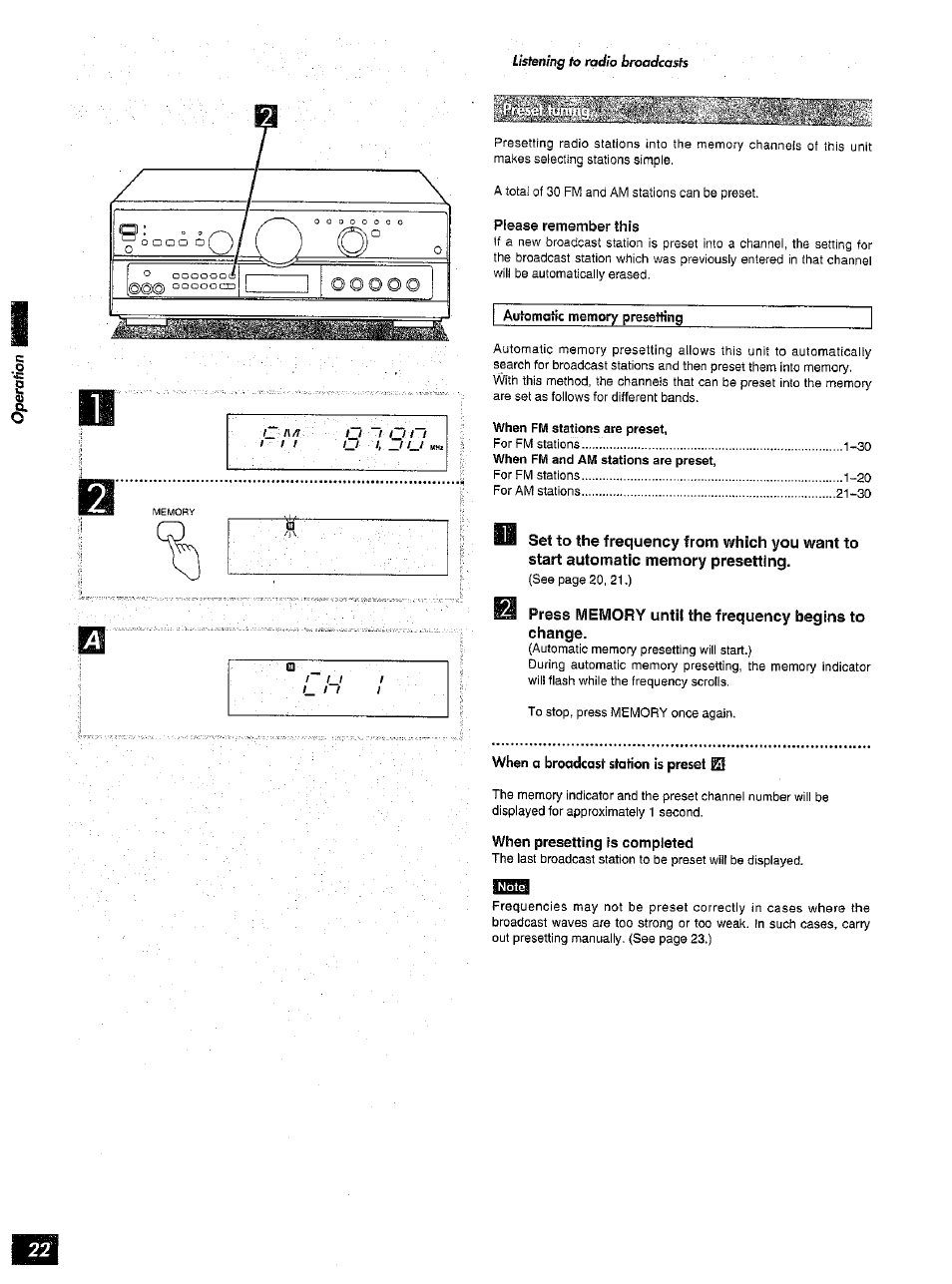 Please i-emember this, Automatic memory presetting, When fm stations are preset | Press memory until the frequency begins to change, When presetting is completed, When a broadcast stohon is preset | Panasonic SA-AX6 User Manual | Page 22 / 36