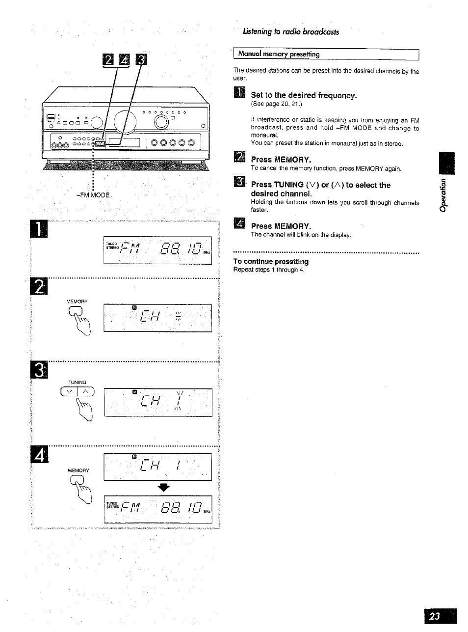 Manual memory presetting, Set to the desired frequency, Press memory | To continue presetting | Panasonic SA-AX6 User Manual | Page 23 / 36