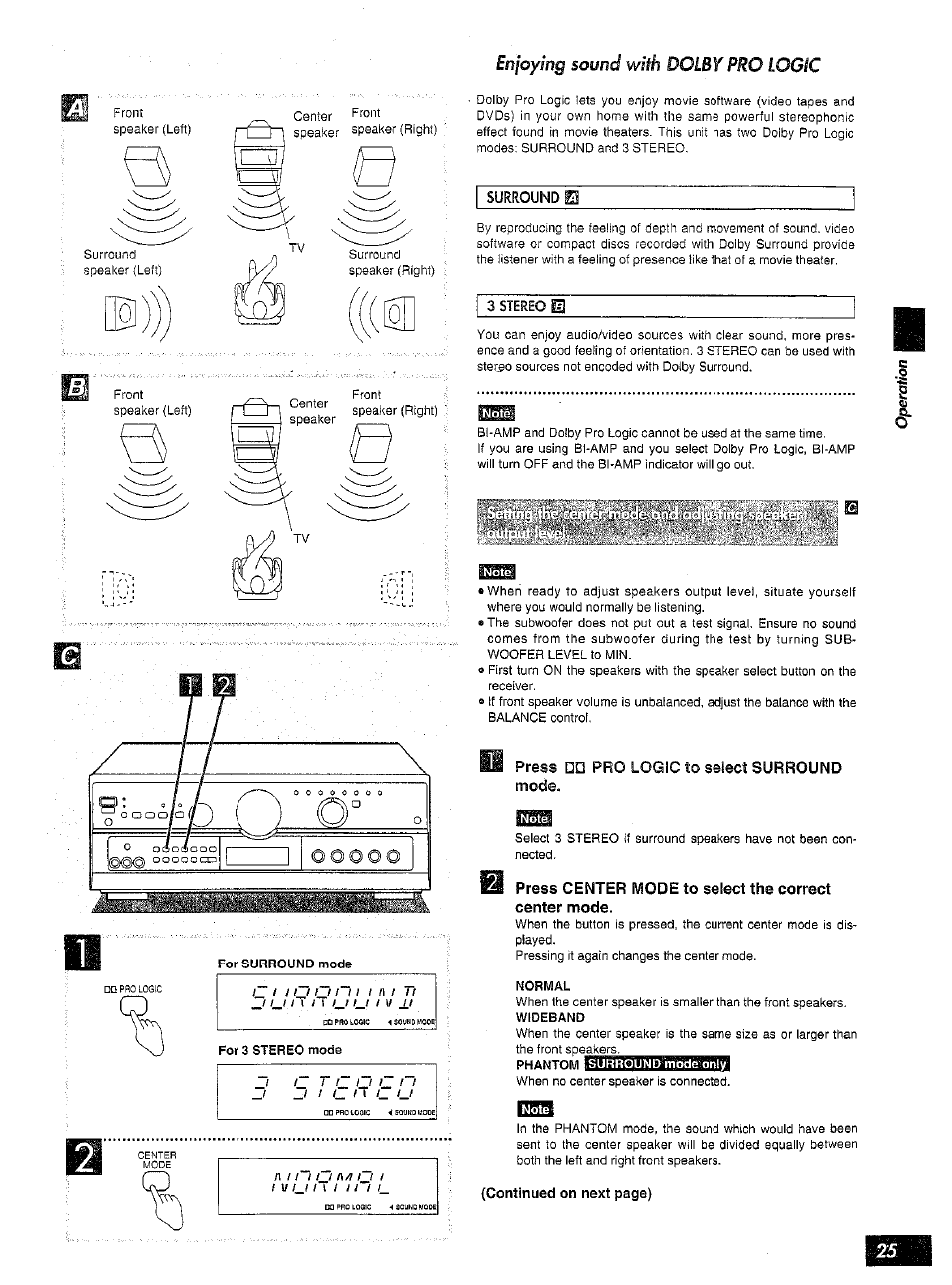 Enjoying sound with dolby pro logic, Surround, Continued on next page) | Panasonic SA-AX6 User Manual | Page 25 / 36