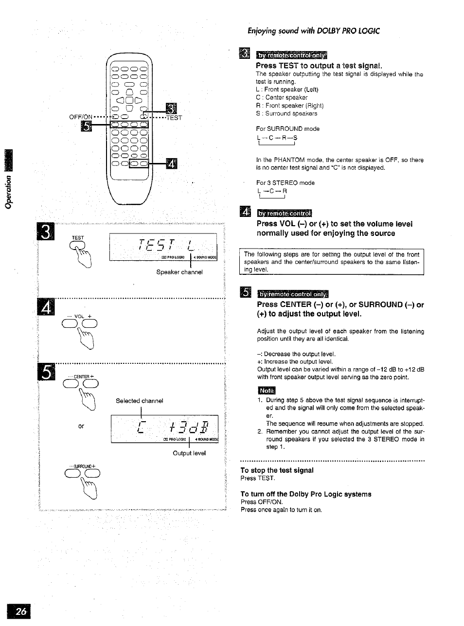 To stop the test signal, To turn off the dolby pro logic systems, O o o | O o q oo cel | Panasonic SA-AX6 User Manual | Page 26 / 36
