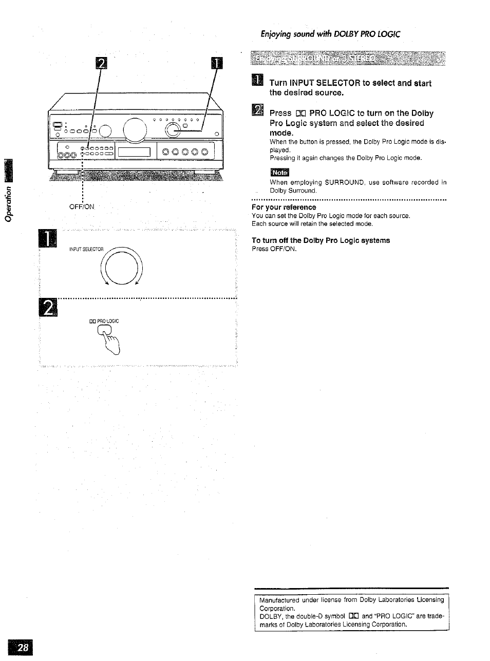 For your reference, To turn off the dolby pro logic systems | Panasonic SA-AX6 User Manual | Page 28 / 36