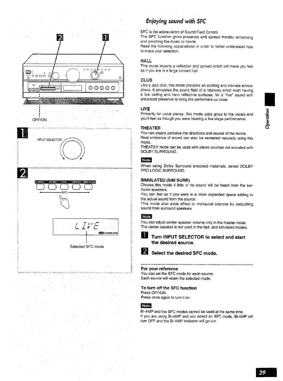 Live, Theater, Simulated (sim surr) | Select the desired sfc mode, For your reference, To turn off the sfc function | Panasonic SA-AX6 User Manual | Page 29 / 36