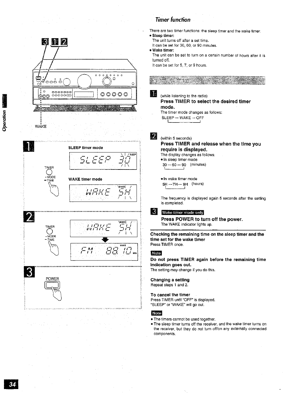 Press tsmer to select the desired timer mode, Press power to turn off the power, Changing a setting | To cancel the timer, Timer function | Panasonic SA-AX6 User Manual | Page 34 / 36
