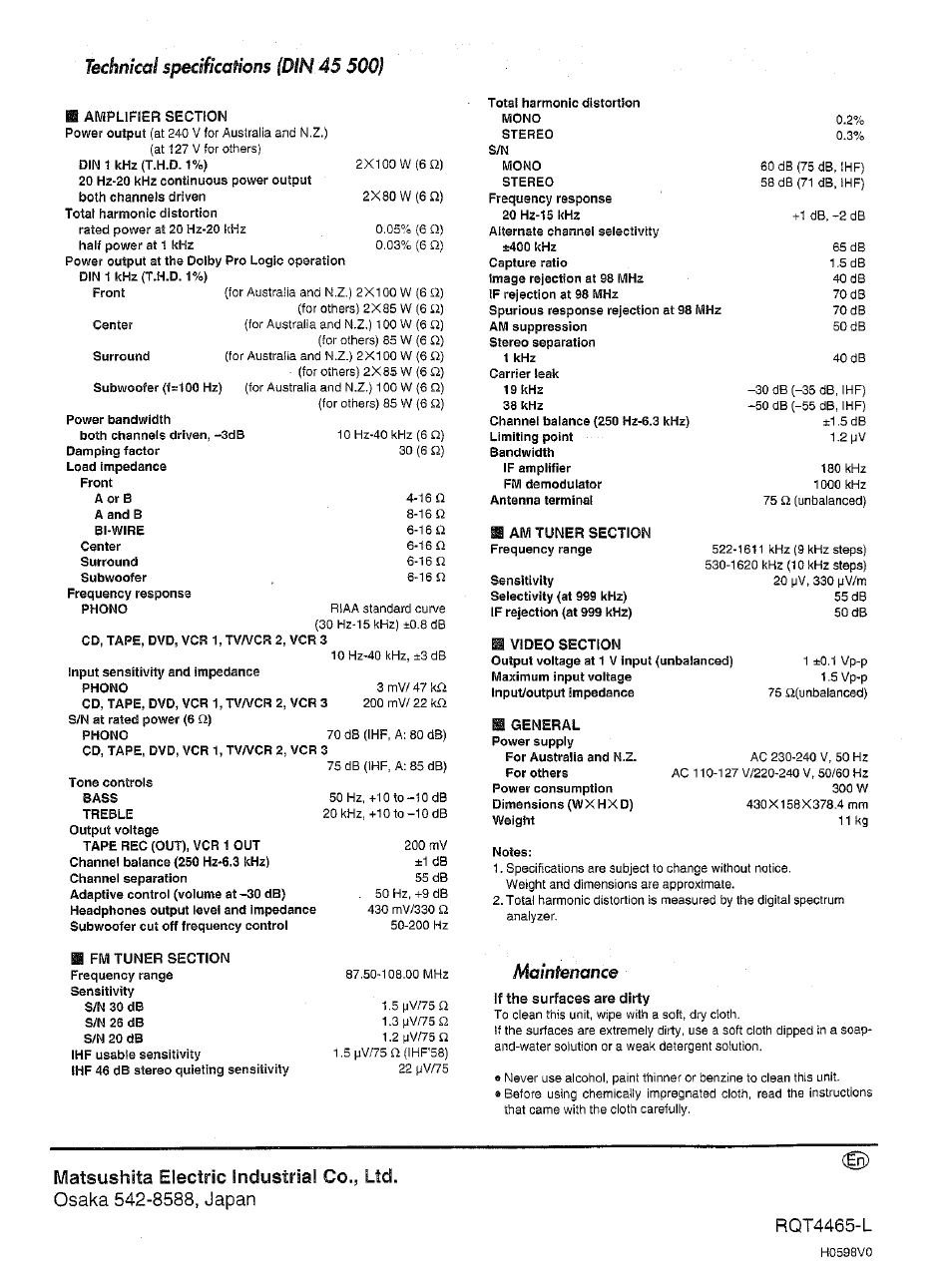 Matsushita electric industrial co., ltd, Maintenance | Panasonic SA-AX6 User Manual | Page 36 / 36