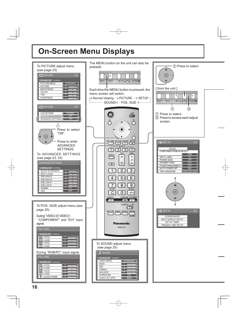On-screen menu displays, Normal viewing picture setup sound pos. /size, Press to select | Press to access each adjust screen | Panasonic TH-37PH9UK User Manual | Page 16 / 100