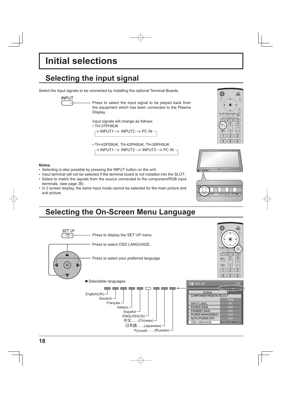 Initial selections, Selecting the input signal, Selecting the on-screen menu language | Panasonic TH-37PH9UK User Manual | Page 18 / 100