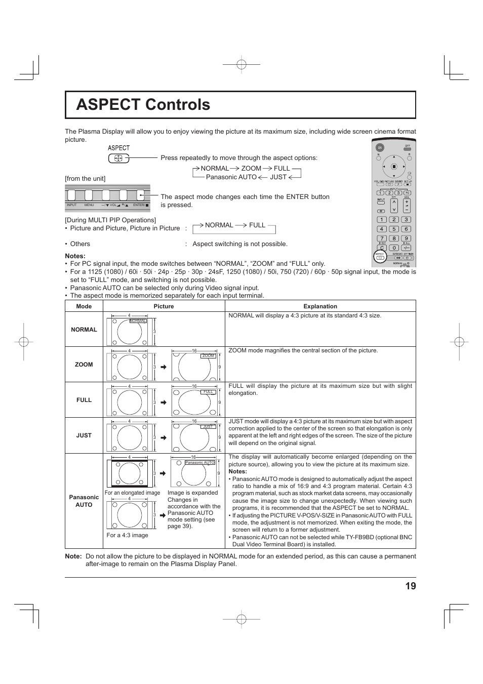 Aspect controls | Panasonic TH-37PH9UK User Manual | Page 19 / 100
