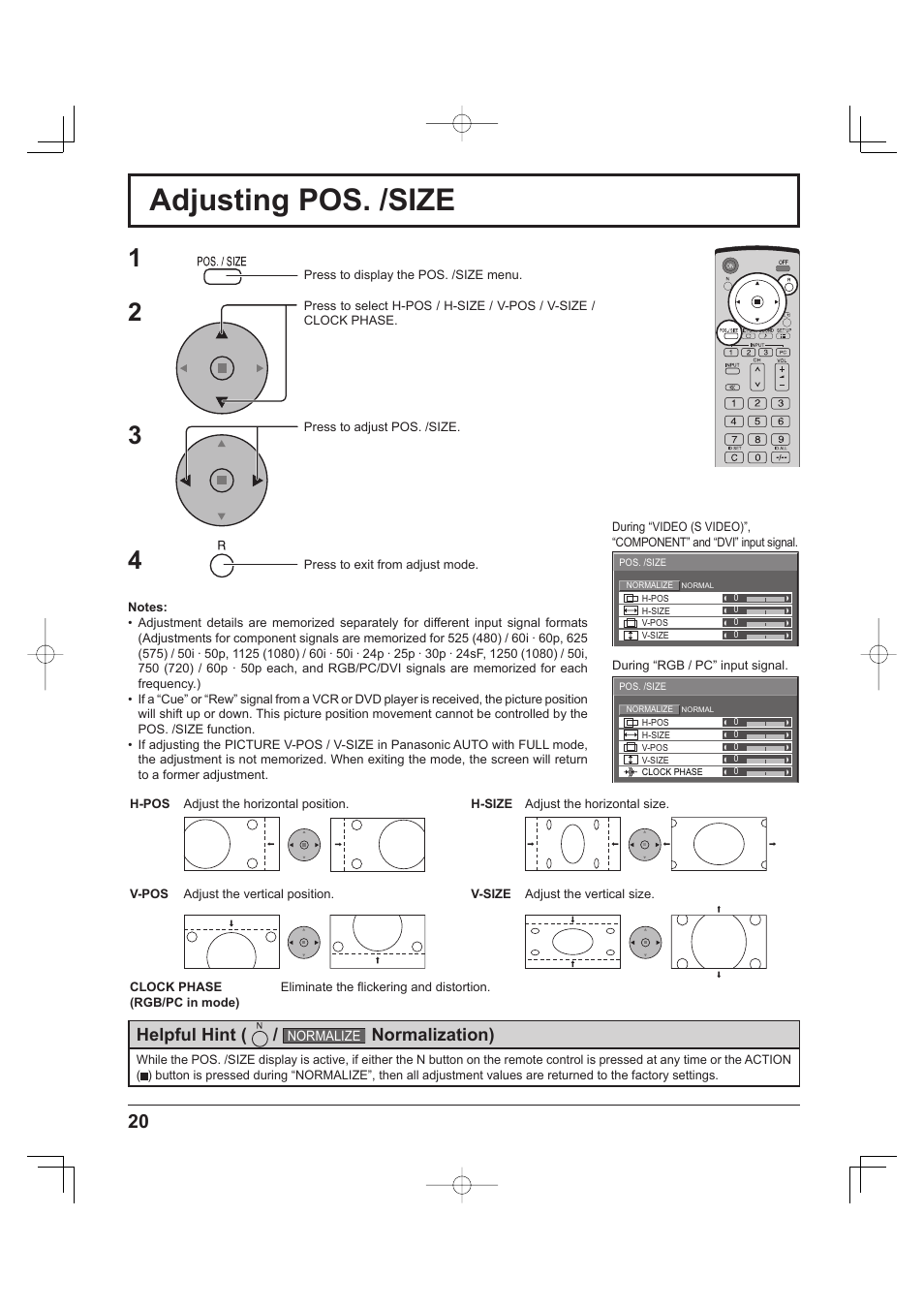 Adjusting pos. /size, Helpful hint, Normalization) | Panasonic TH-37PH9UK User Manual | Page 20 / 100