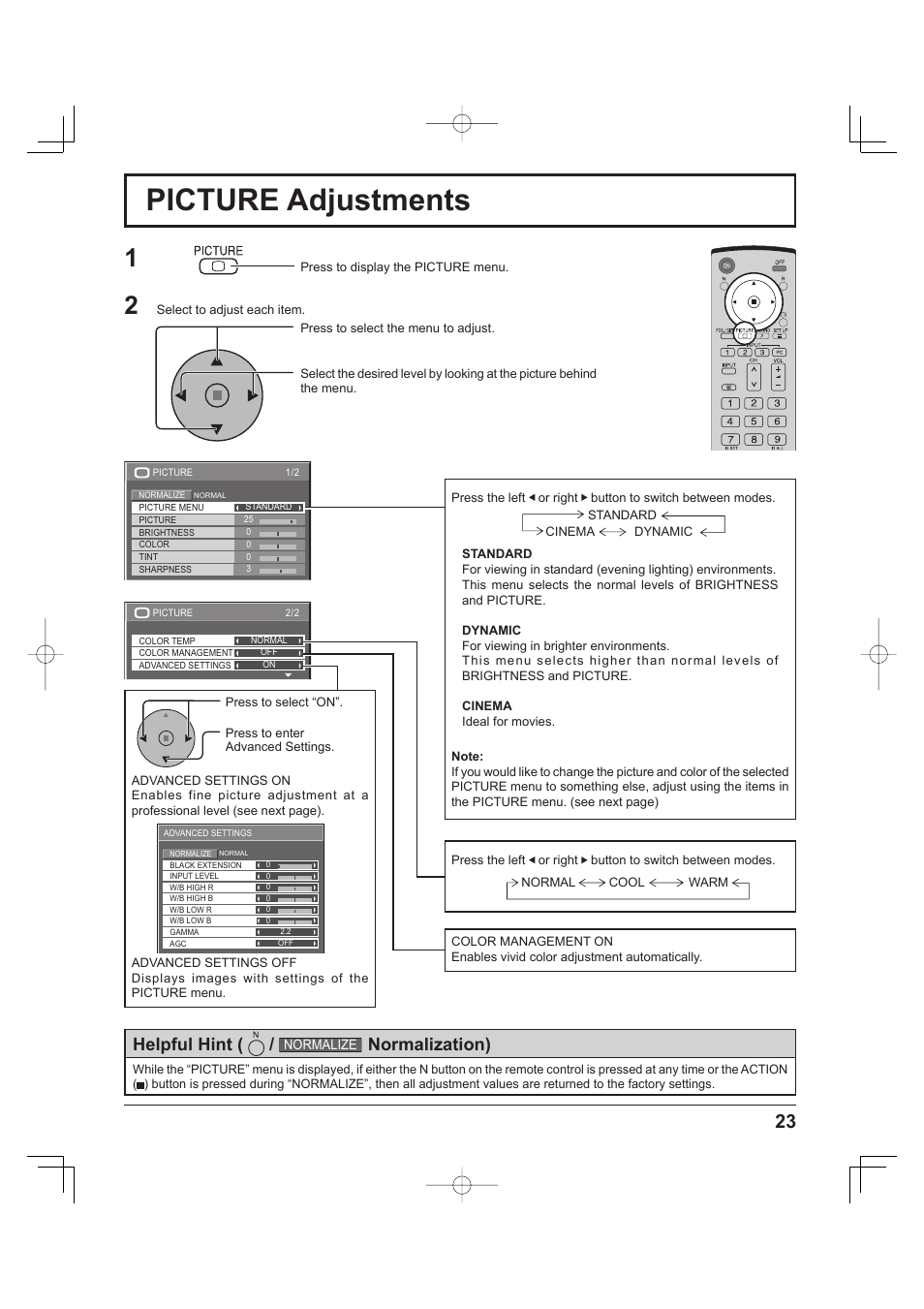 Picture adjustments, Helpful hint, Normalization) | Panasonic TH-37PH9UK User Manual | Page 23 / 100