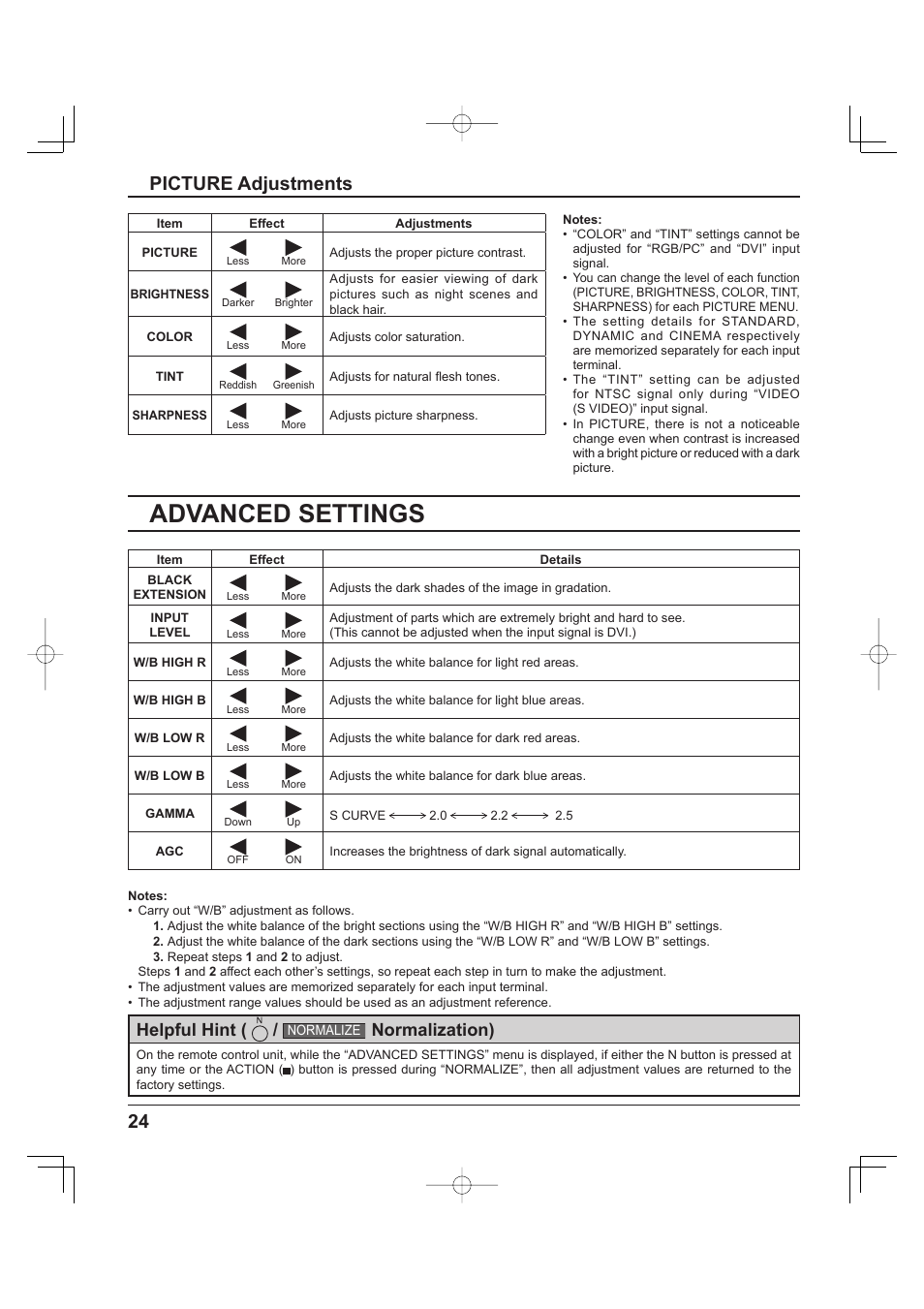 Advanced settings, 24 picture adjustments, Helpful hint | Normalization) | Panasonic TH-37PH9UK User Manual | Page 24 / 100