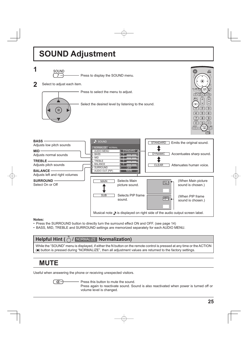 Sound adjustment, Mute, Helpful hint | Normalization) | Panasonic TH-37PH9UK User Manual | Page 25 / 100