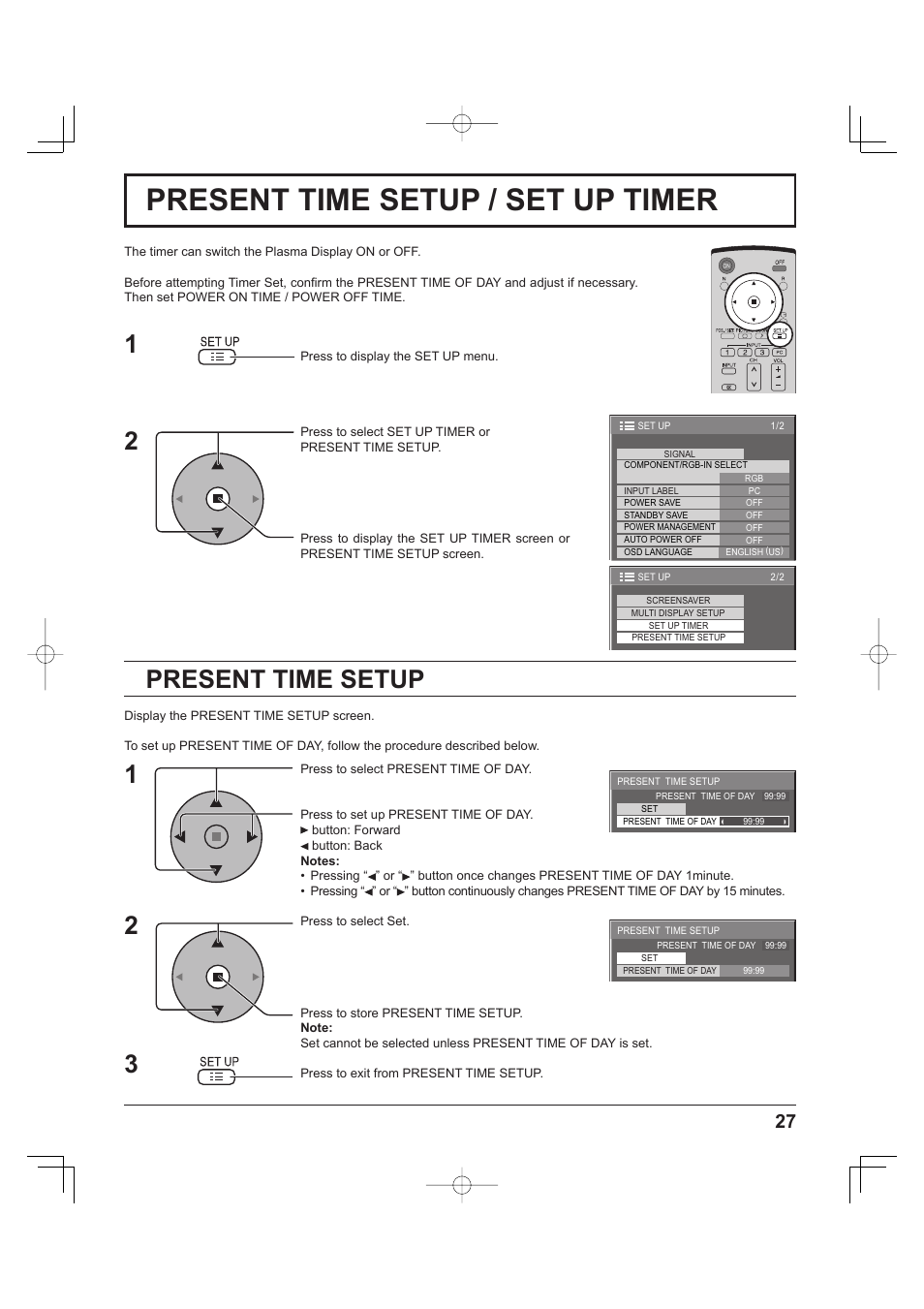 Present time setup / set up timer, Present time setup | Panasonic TH-37PH9UK User Manual | Page 27 / 100