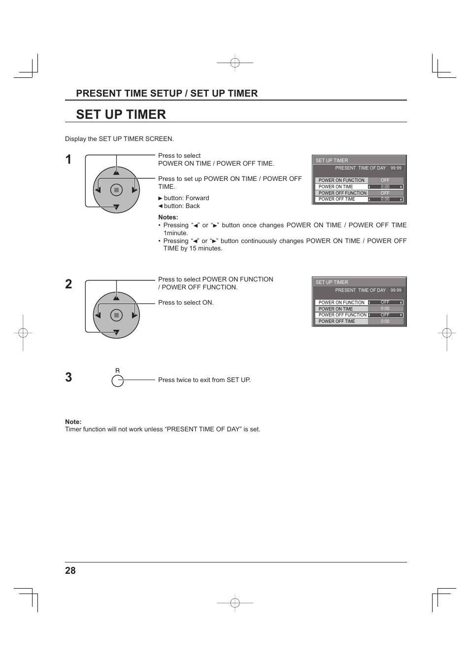 Set up timer, 28 present time setup / set up timer | Panasonic TH-37PH9UK User Manual | Page 28 / 100